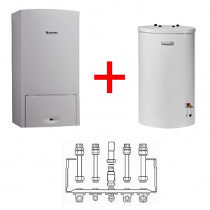 Junkers Bosch PAKIET <br>CERAPUR SMART ZSB 24-5C + ZASOBNIK WST120-5O + PŁYTA PODŁĄCZENIOWA + czujnik c.w.u.<br> kod produktu: 8734100509